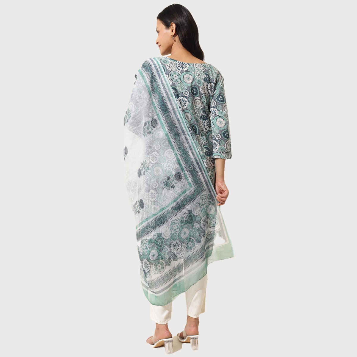 Fabindia Women's Dupatta & Kurta Set Cotton Printed | Blue - XL