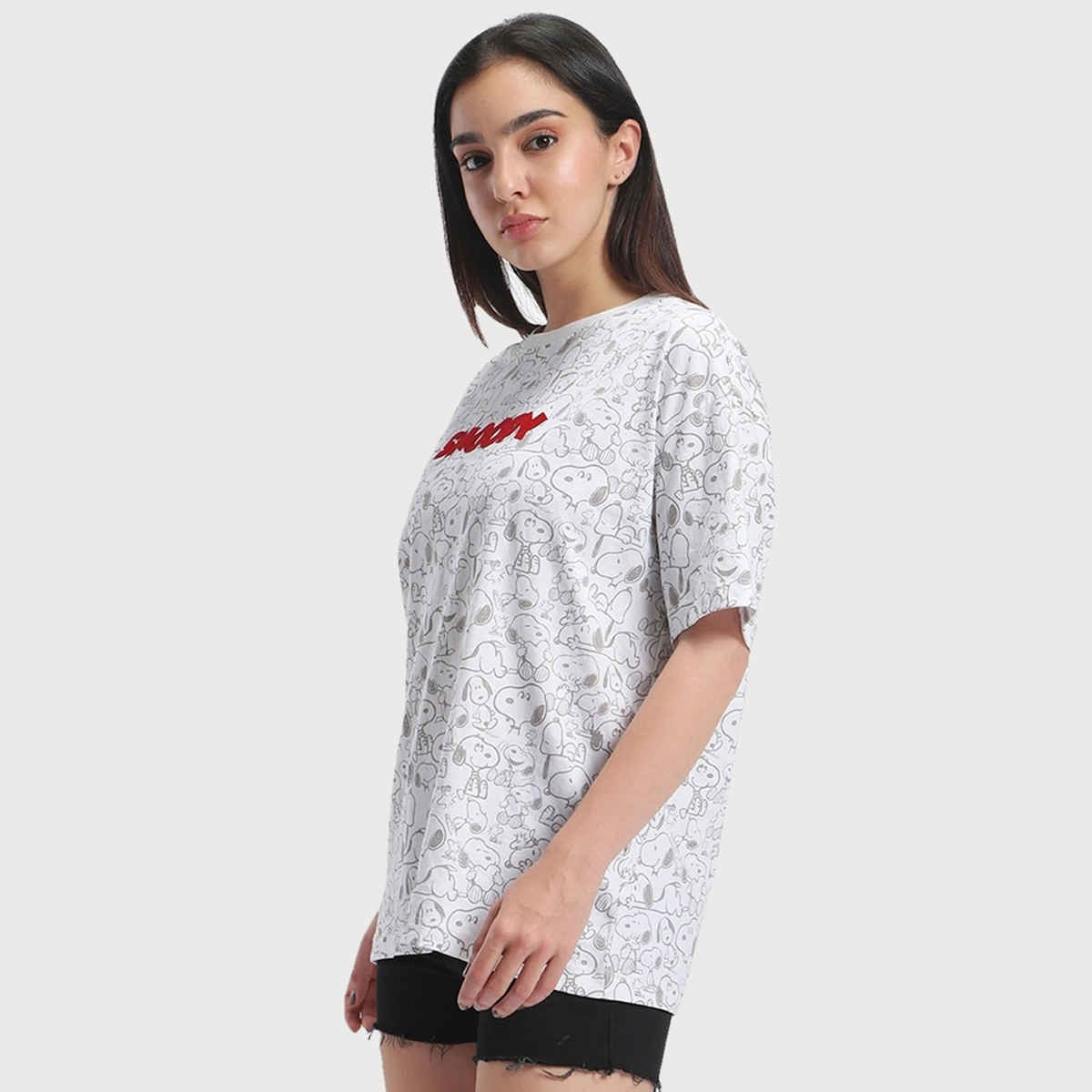 Bewakoof Women's Official Peanuts Merchandise All Over Snoopy Printed Oversized T-shirt | White - S