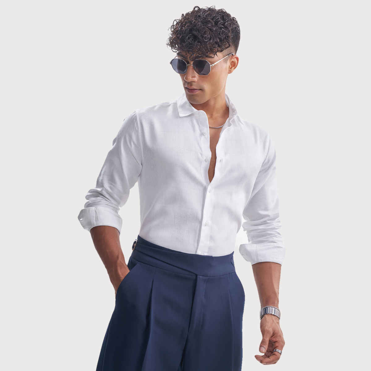 HIGHLANDER Men's Jacquard Textured Solid Evening Party Slim Fit Shirt | White - L