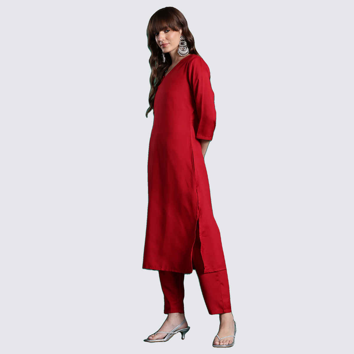 Indo Era Women's Solid Straight Kurta Pant with Dupatta Set | KH9RD10635 | Red - S