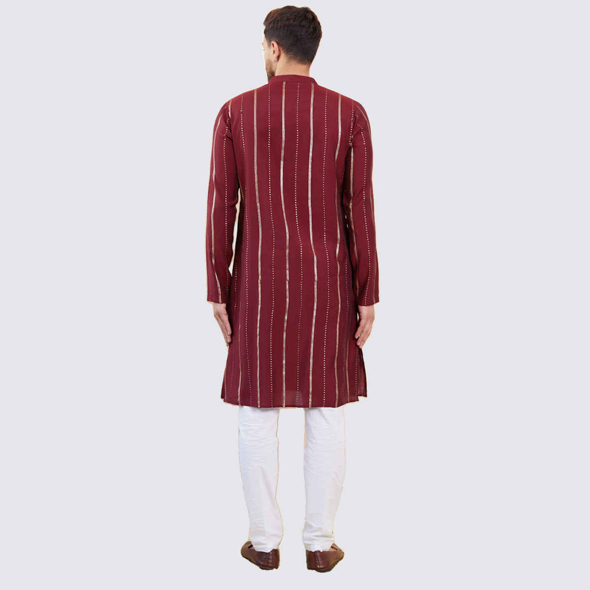 See Designs Men's Chanderi Silk Sequins Kurta | Burgundy and Gold - S