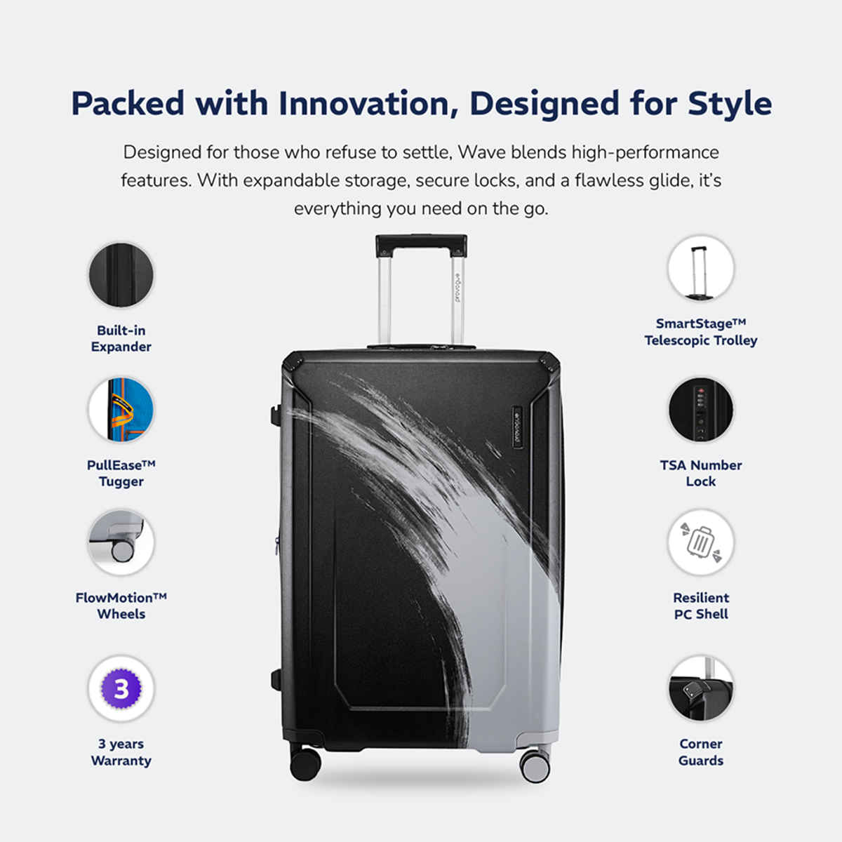 Provogue Wave Hard-Sided PC Medium Check-in Luggage Trolley Bag | Midnight Black - 65 cm