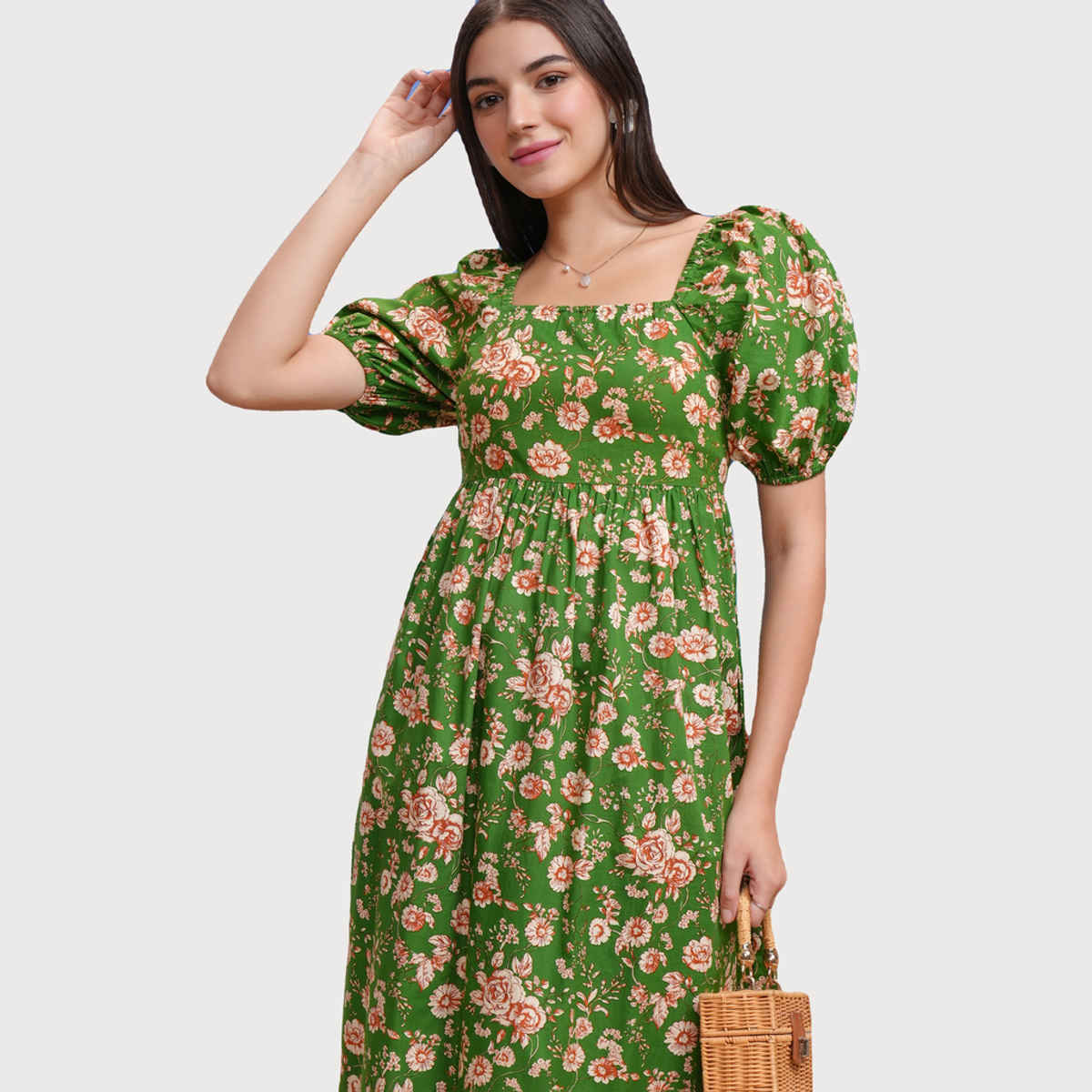 Tokyo Talkies Women's Floral Fit & Flare Square Neck Midi Dress | Multicolour - M