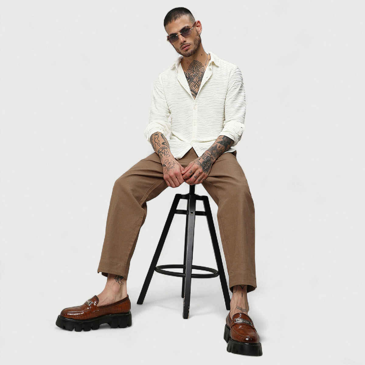 Campus Sutra Men's Self-Design Wave Shirt | White - S