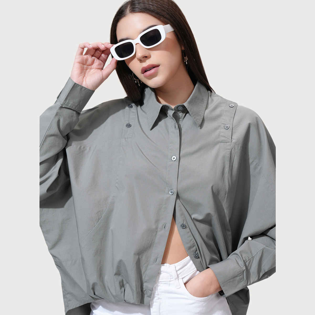 Tokyo Talkies Women's Solid Dropshoulder Oversized Fit Shirt | Grey - M