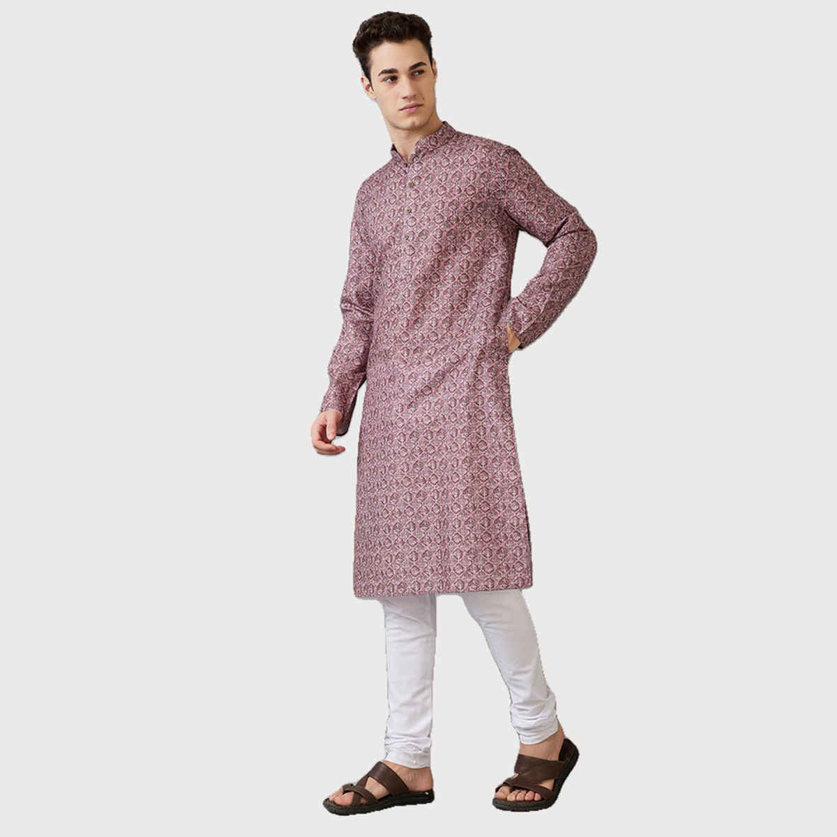 Ethnix by Raymond Men Regular Fit Poly Viscose Blend Full Sleeve Stand Collar Kurta | Purple - 2XL