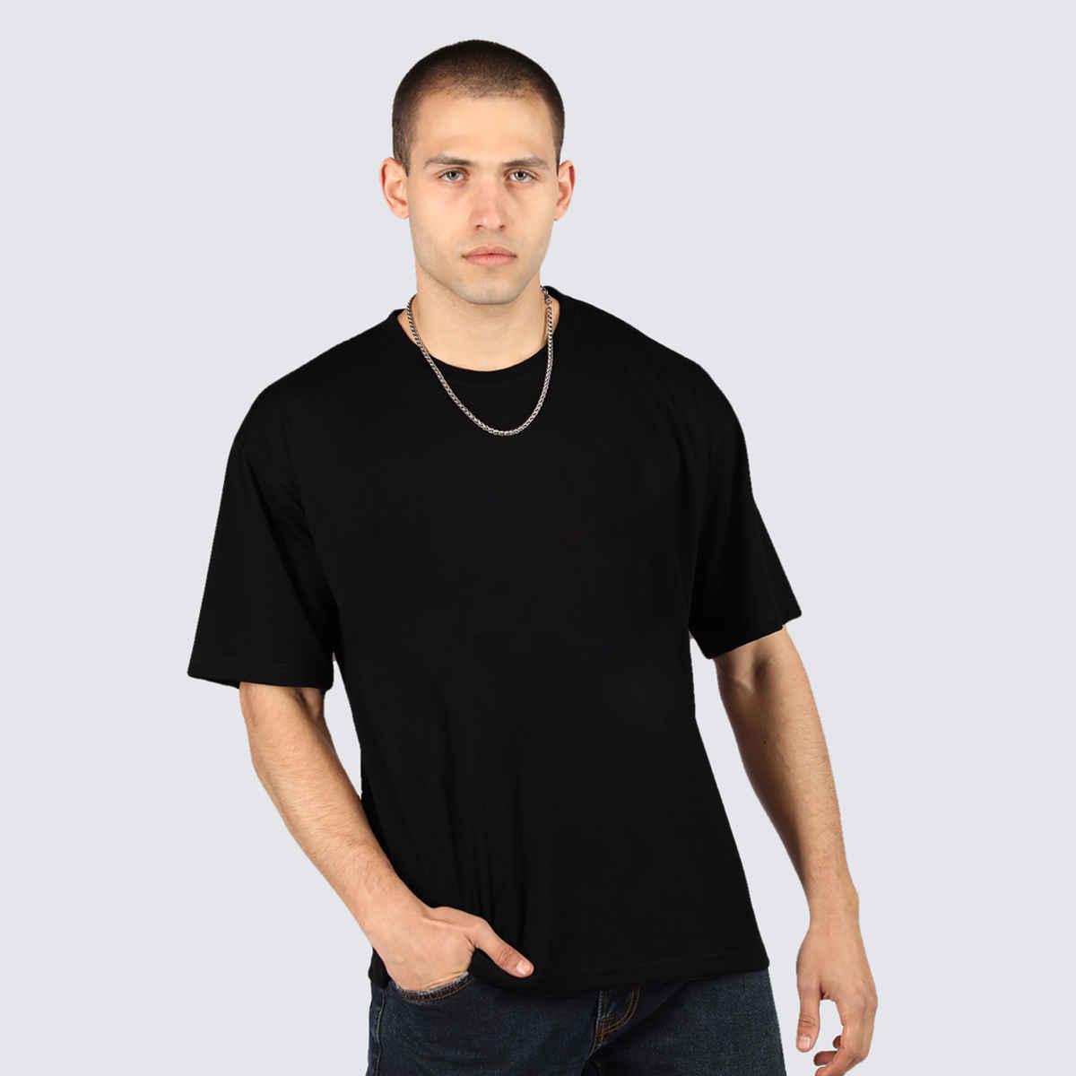 Chkokko Men's Oversized Solid Round Neck T-shirt | Black - M