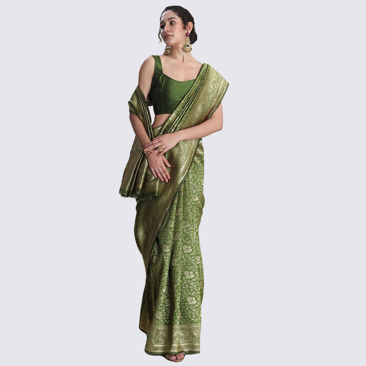 Janasya Women's Silk Blend Floral Woven Design Jacquard Saree with Blouse Piece | SAR656 | Green