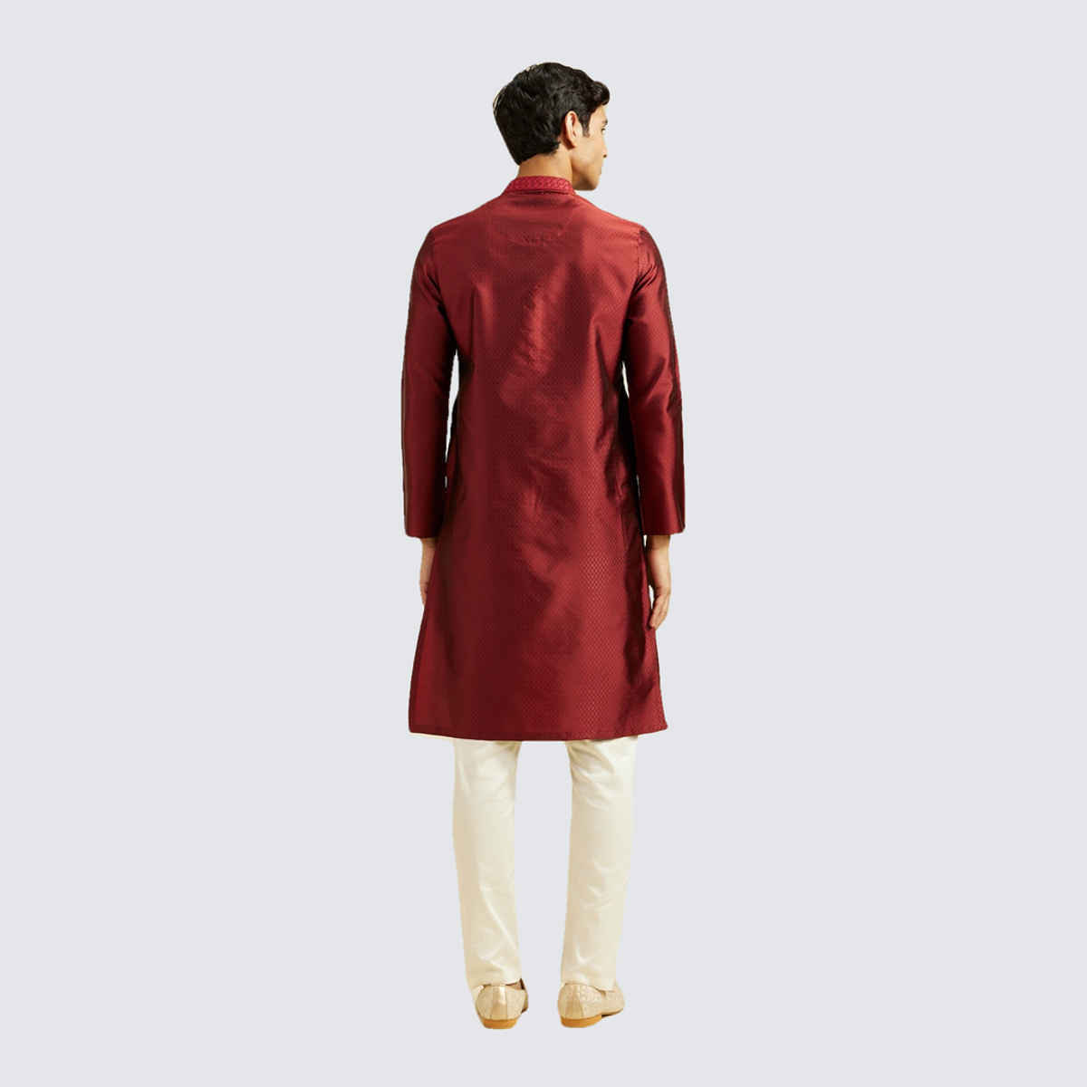 Diwas By Manyavar Men's Lattice Patterned Kurta with Embroidered Neckline | Maroon - 2XL