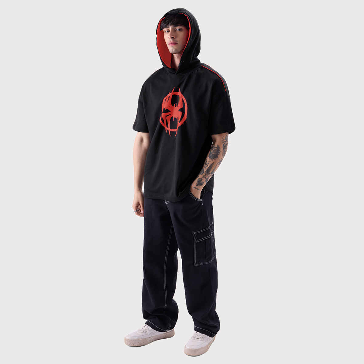 The Souled Store Men's Oversized Spider-Man- Saving The Spider-Verse Hooded T-shirts | Black | M