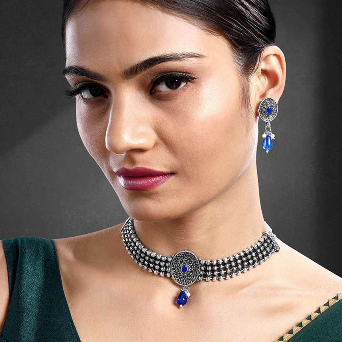 Peora Silver Plated Rhodium Studded Necklace Drop Earrings Set | White & Blue | PF04NK10328RWB