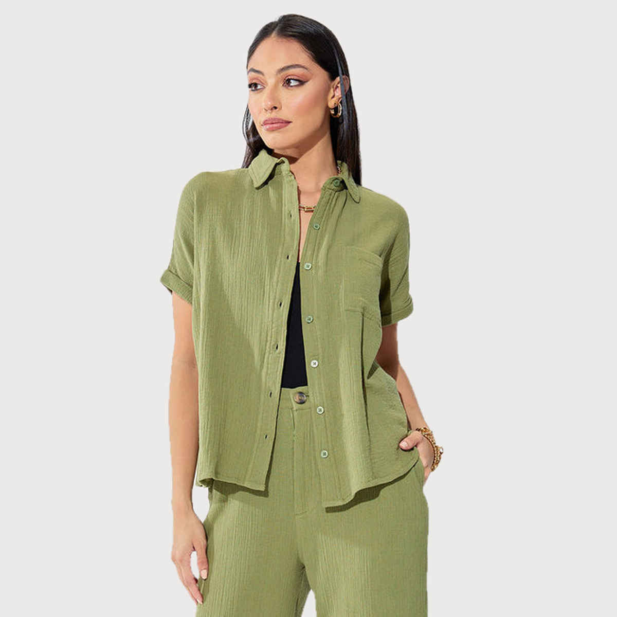 Styli Women's Regular Fit Shirt with Extended Shoulder and Cotton Fabric | Green - S