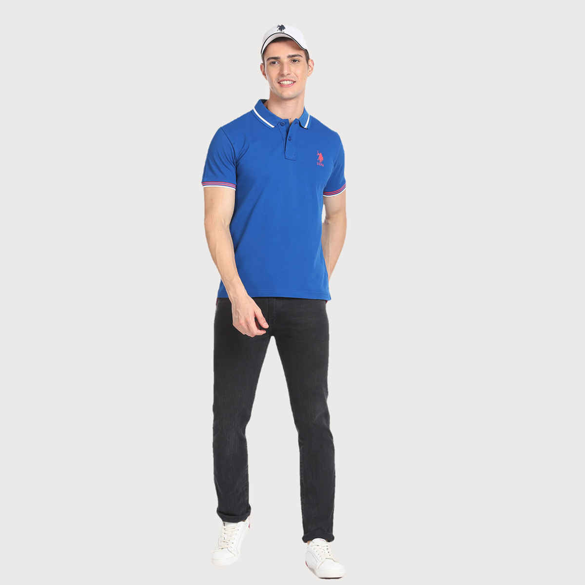 U.S. Polo Assn. Men's Striped Collar Pique Polo Shirt | Blue - L
