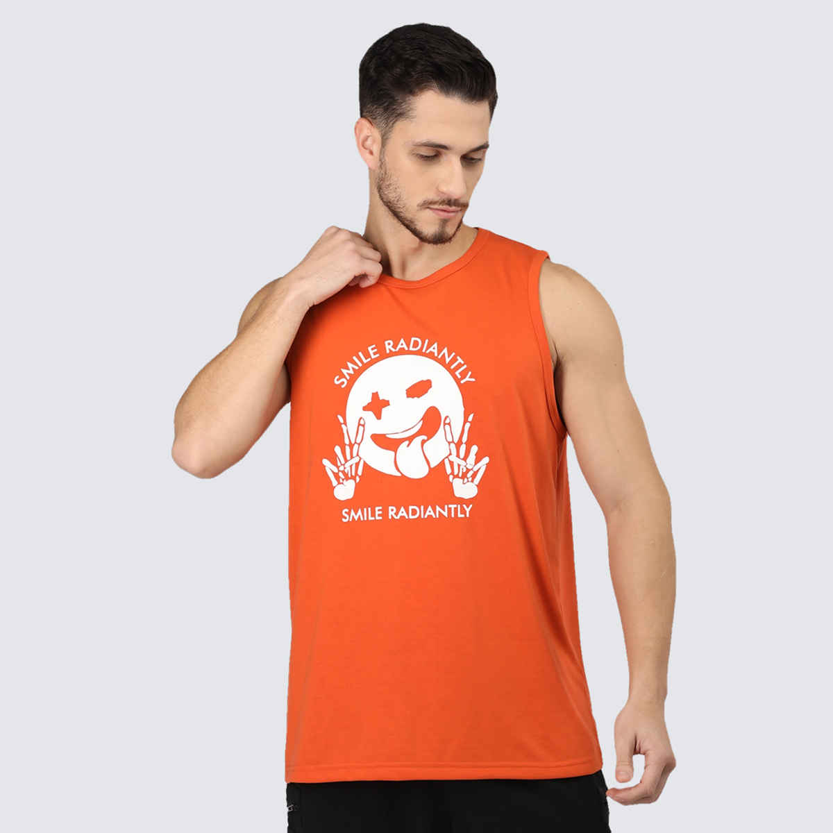Chkokko Men Gym Regular Fit Tank Tops Sports Sleeveless Printed Vest Orange | Size M