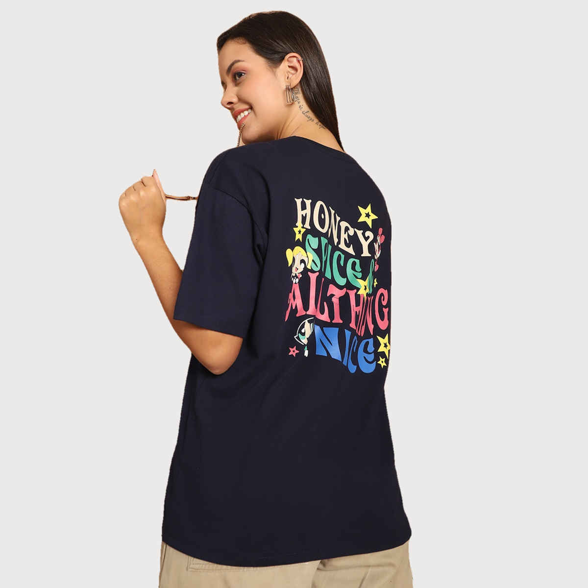 Fabflee Women Oversize Cotton Printed Round Neck Tshirt | Dark Blue | FAB-OS-506 | XL