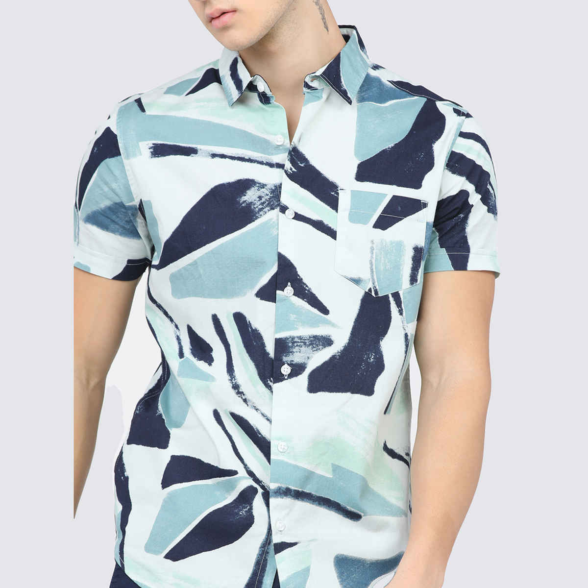 Highlander Men's Slim Fit Abstract Shirts | White & Blue - XL