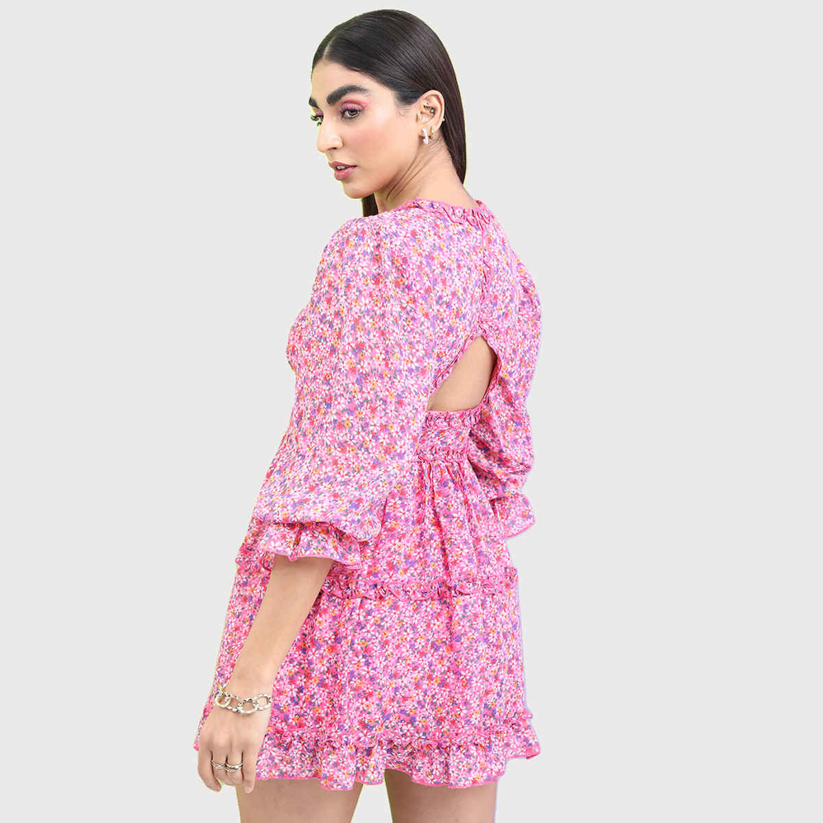 Tokyo Talkies Women's Floral Printed Bell Sleeve A-Line Dress | Pink - XL