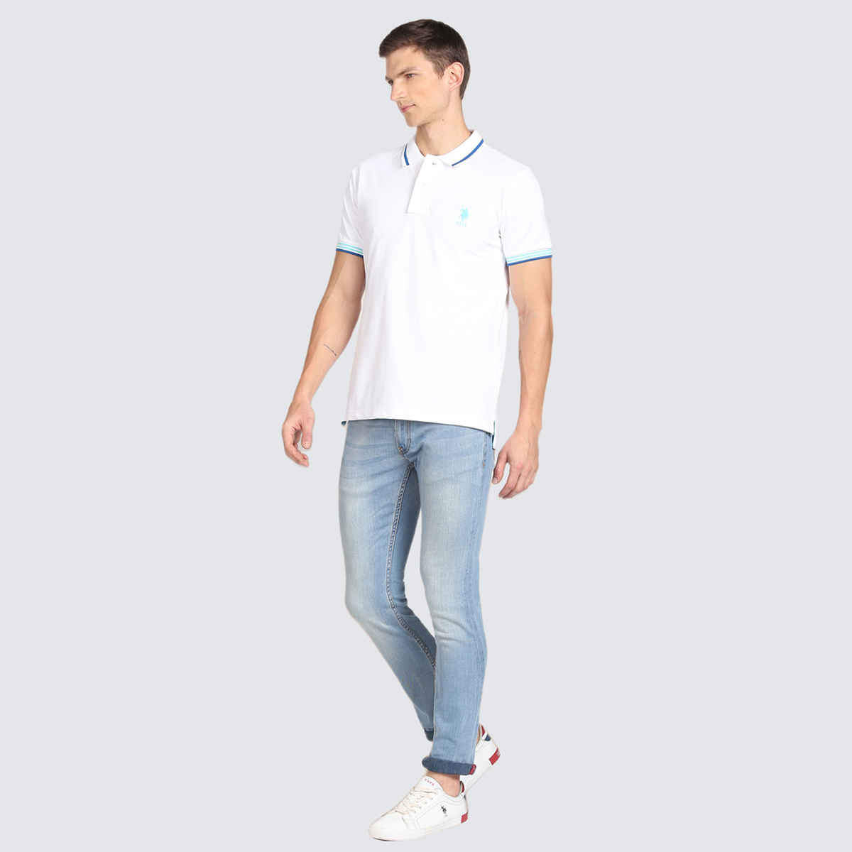 USPA Men's Striped Hem Cotton Polo T Shirt - Regular Fit - White - XL