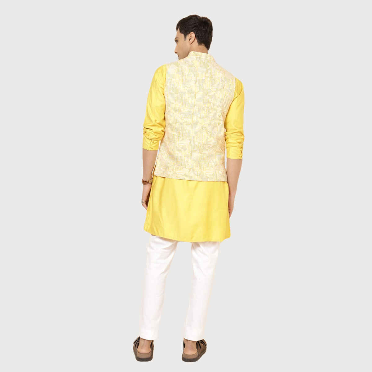 Fabindia Men's Nehru Jacket Printed Slim Fit | Yellow - L