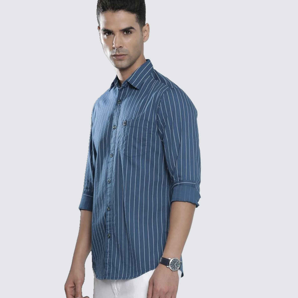 The Indian Garage Co Men's Regular Fit Striped Casual | Blue | L