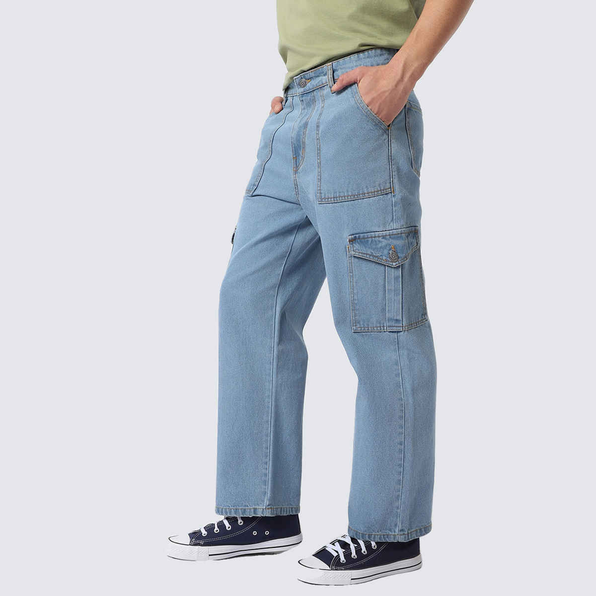 Urbano Fashion Men's Cargo Jeans Loose Baggy Fit 6 Pockets Non-Stretchable | Ice Blue | 34
