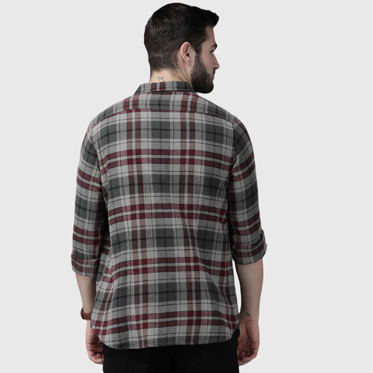 The Bear House Men Slim Fit Checked Cotton Casual Shirt - Kamet | Grey | L