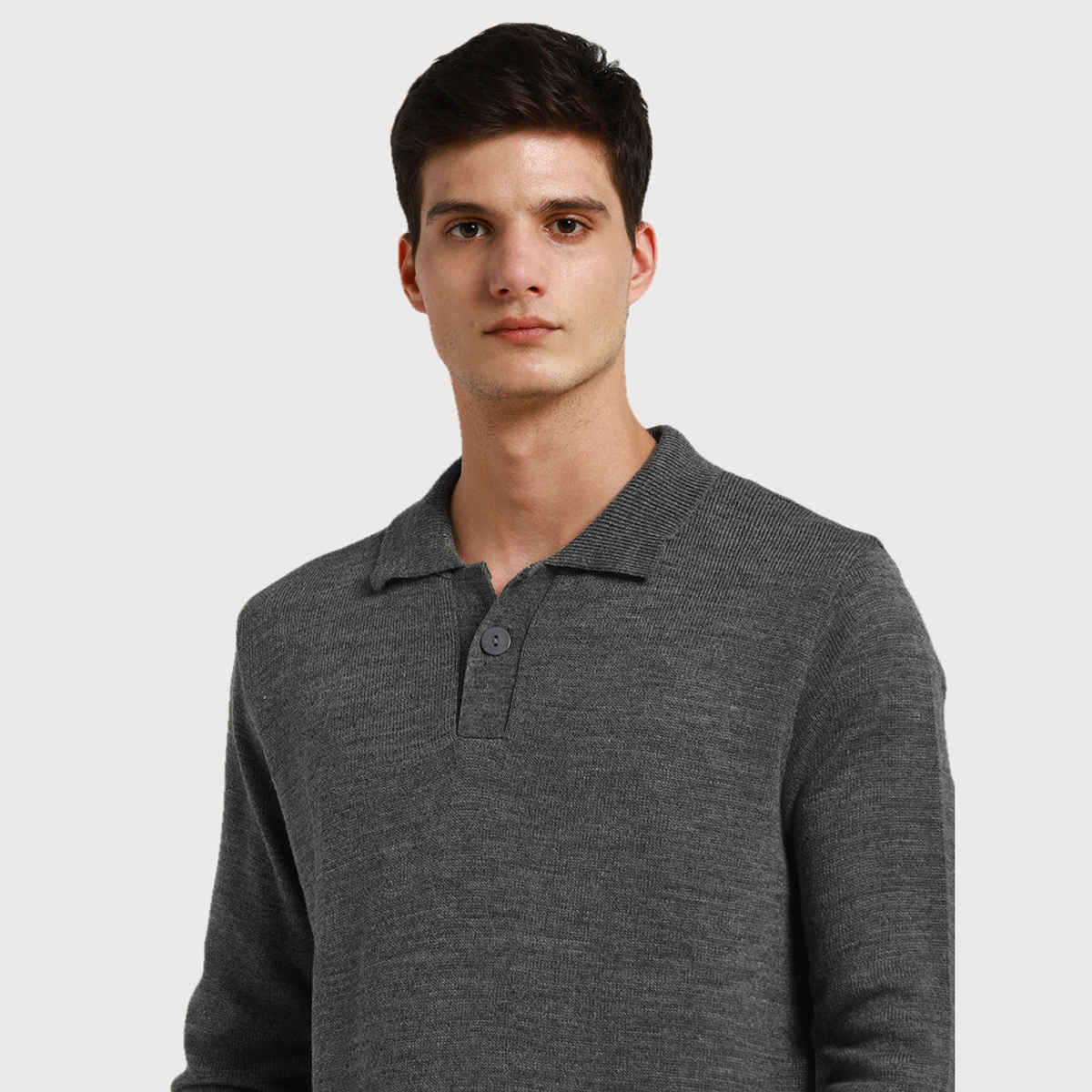 Dennis Lingo Men's Collar Regular Fit Solid Sweater | Mid Grey Melange | L