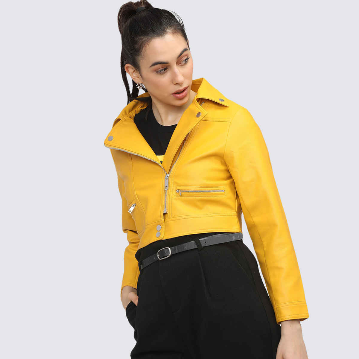 Tokyo Talkies Women's Crop Biker Jacket | Mustard - L