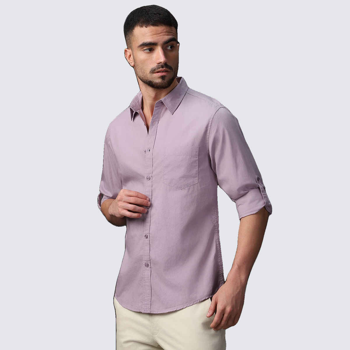 High Star Men Lavender Classic Spread Collar Roll Up Sleeves Cotton Casual Shirt (Size-38)