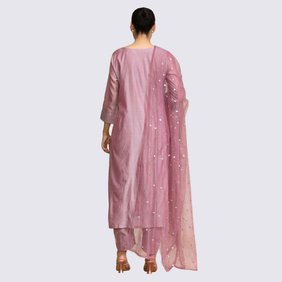 Varanga Women's Embroidered Regular Chanderi Silk Kurta with Trousers & Dupatta | Mauve - 2XL