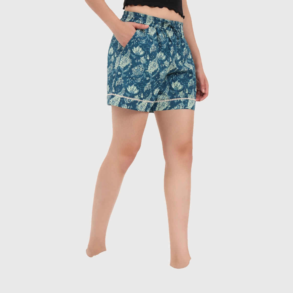 Divena Green Ethnic Motif Print Cotton Shorts for Women | DK0261 - S