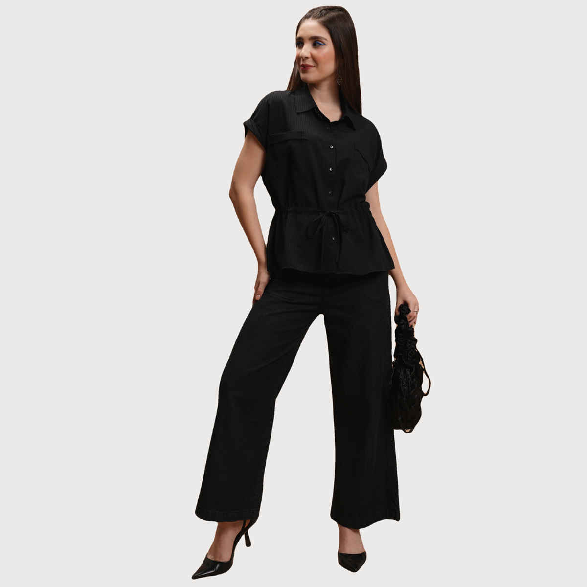 Tokyo Talkies Women's Striped Extended Sleeves Tie Ups Shirt Style Top | Black - M
