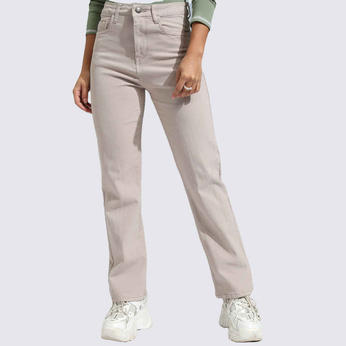 Tokyo Talkies Women's Straight Fit High - Rise Stretchable Jeans| Beige - 34