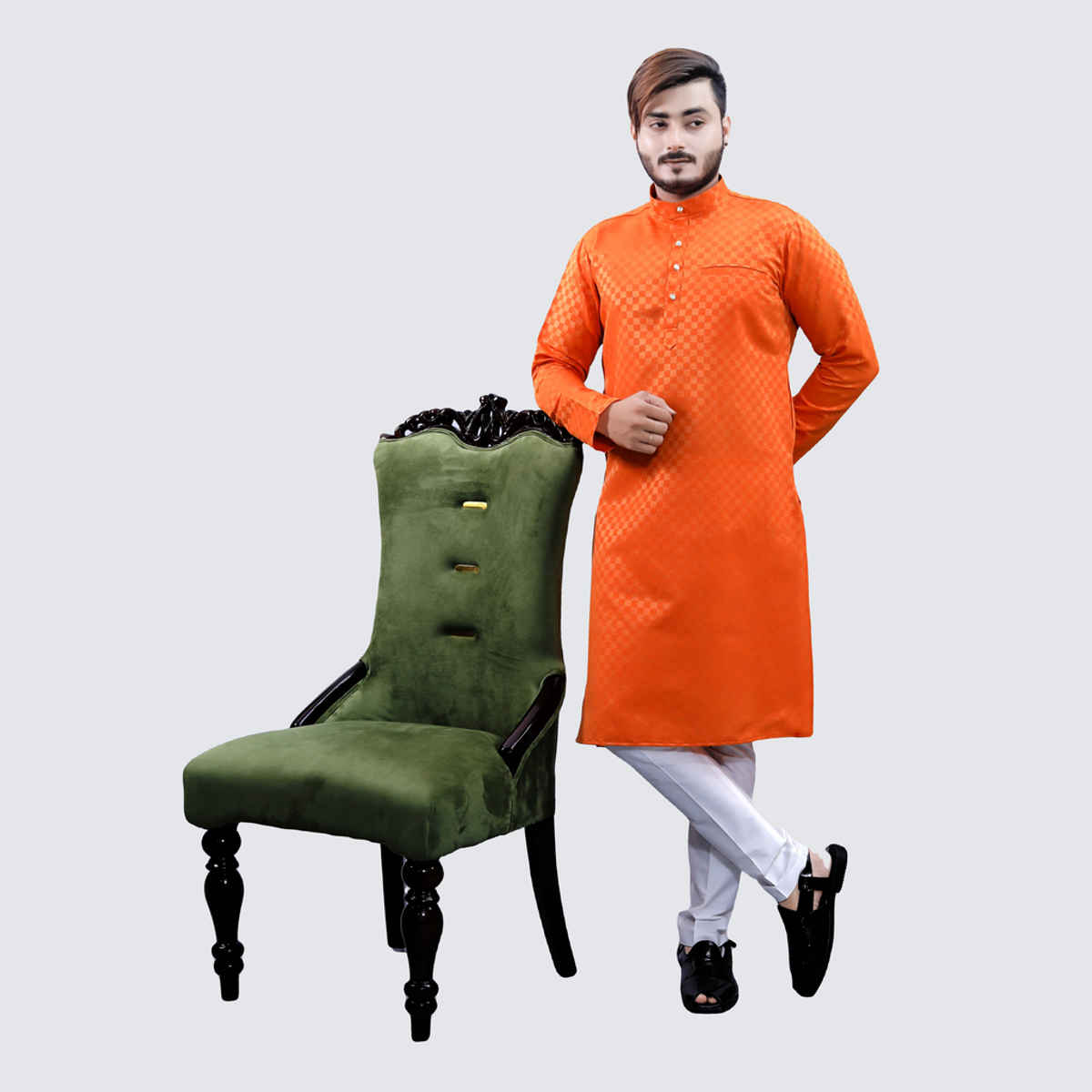 Tibra Collection Men Kurta - Orange | Block Pattern | Cotton Blend | L