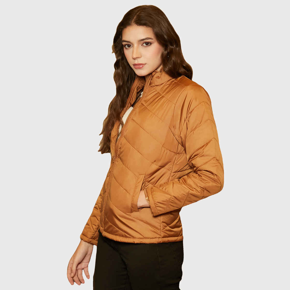 Campus Sutra Women's Chevron Quilted Jacket | Sienna Brown - M