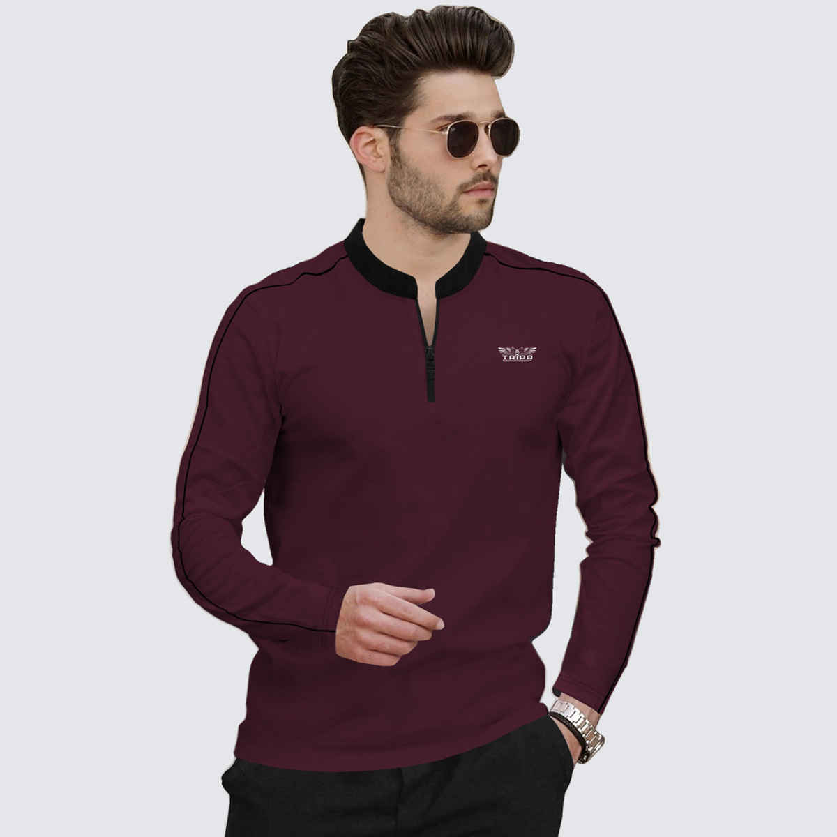 TRIPR Men Cotton Blend Mandarin Collar T-shirt | Maroon and Black - XL