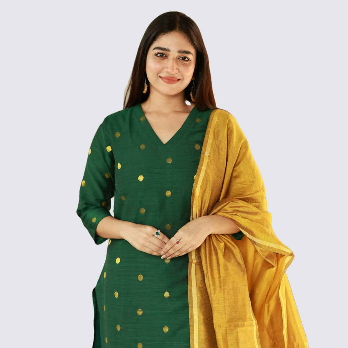 GoSriKi Women's Rayon Blend Straight Polka-Dot Kurta with Pant & Dupatta | SDF | Green - M