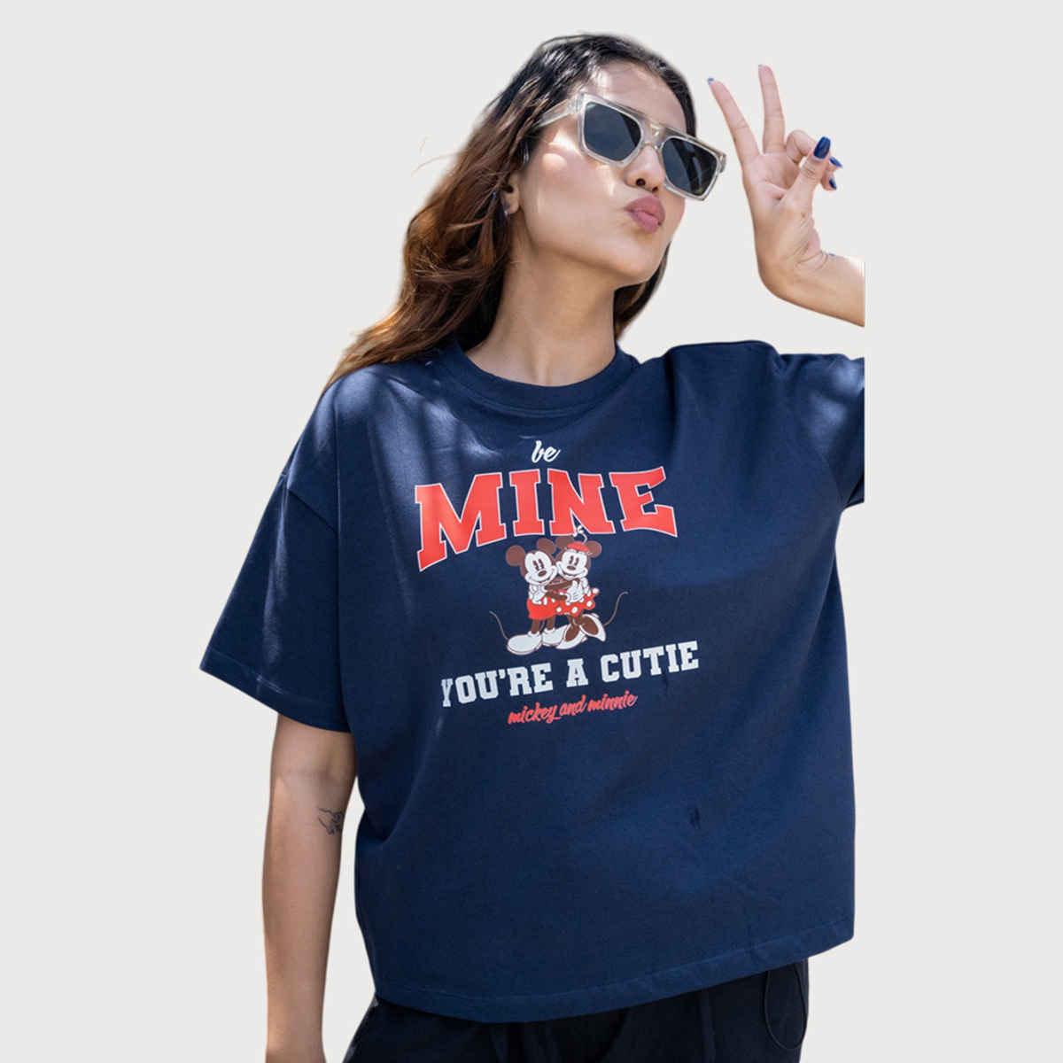 Bonorganik Women's Mini Oversize Front Print T-Shirt | Bon12122 | Navy | XL