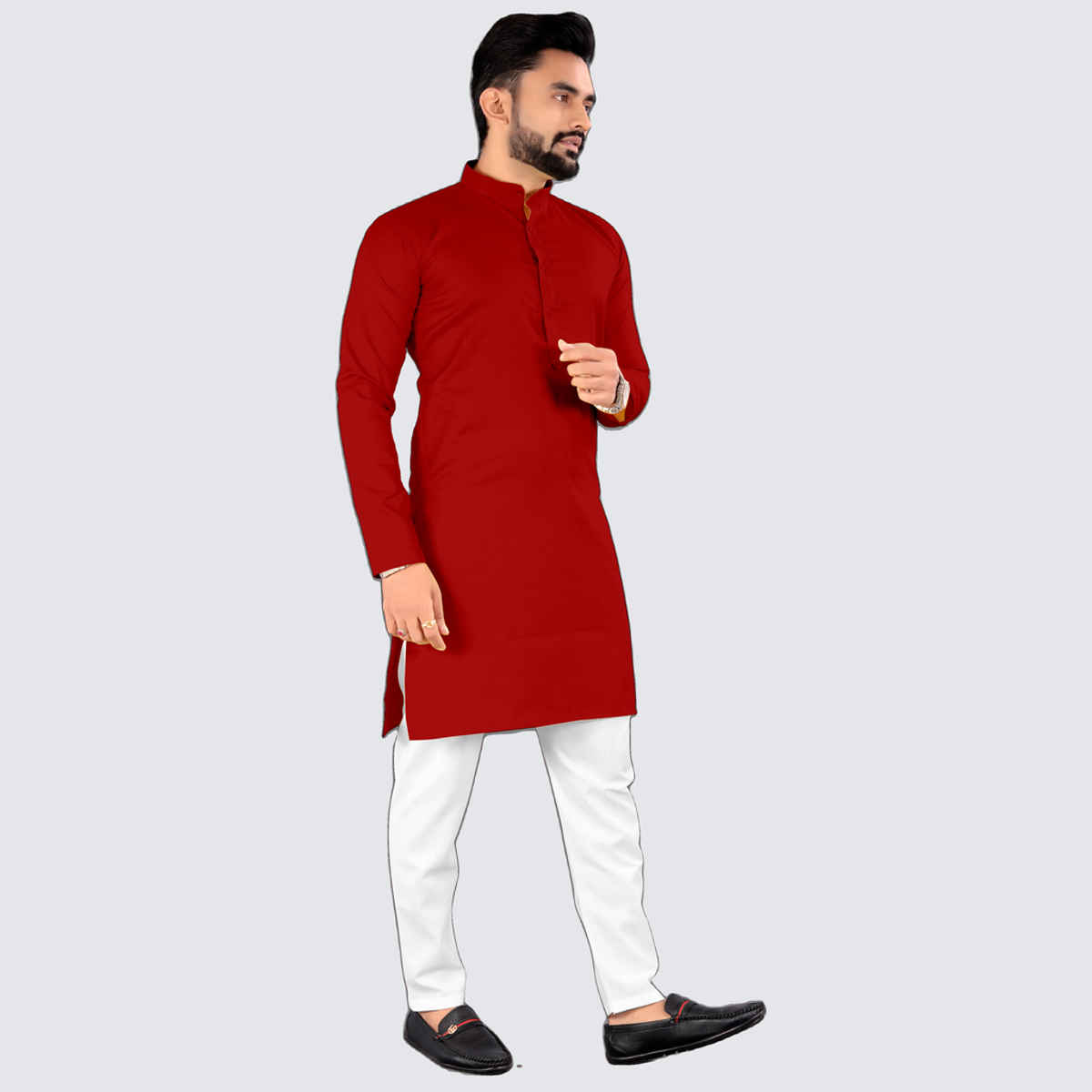 Freluro Men's Solid Cotton Blend Straight Kurta | Red - 2XL