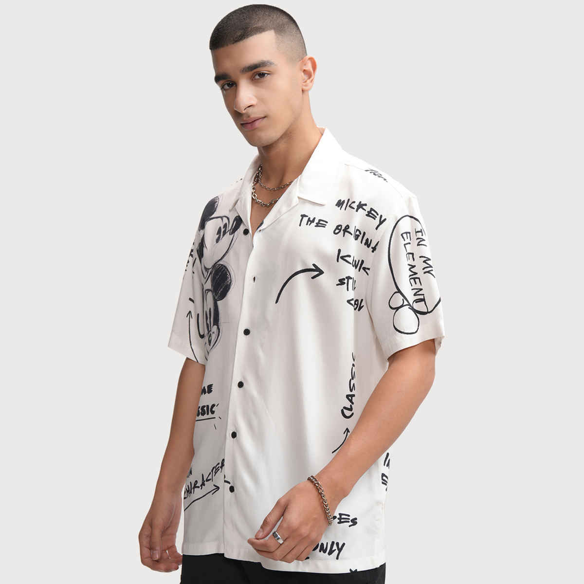 HIGHLANDER Men's Disney Mickey Printed Cuban Collar Viscose Relaxed Shirt | White - M