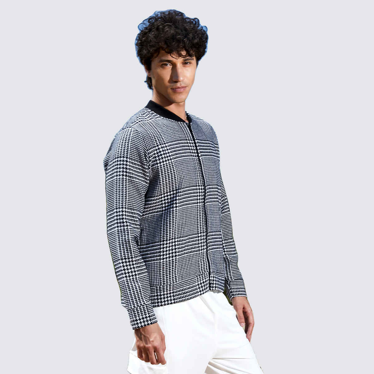 Campus Sutra Men's Zip-Front Houndstooth Jacket | Black & White - L