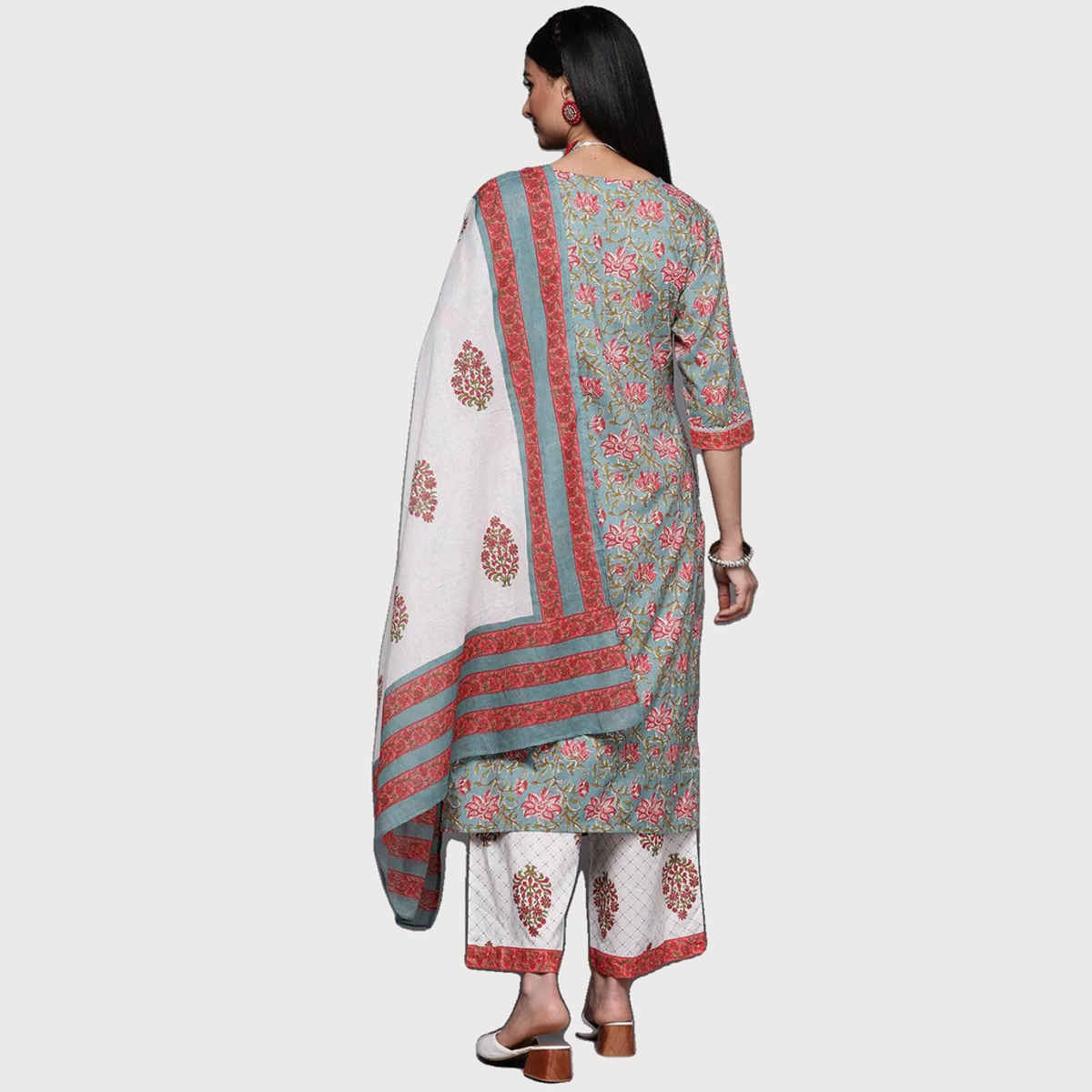 Libas Women Grey Cotton Kurta And White Cotton Palazzo With White Cotton Dupatta - 33151Os