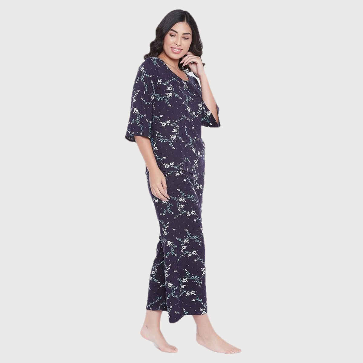 Clovia Women's Pretty Florals Rayon Top & Pyjama Set | LS0534P08 | Blue - S