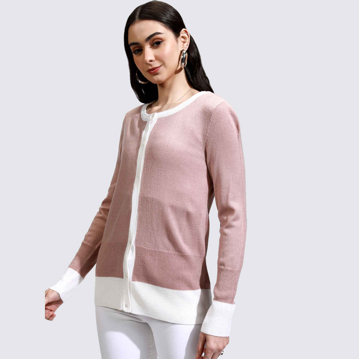Tokyo Talkies Women's Ribbed Cardigan Casual Sweater | Pink - L