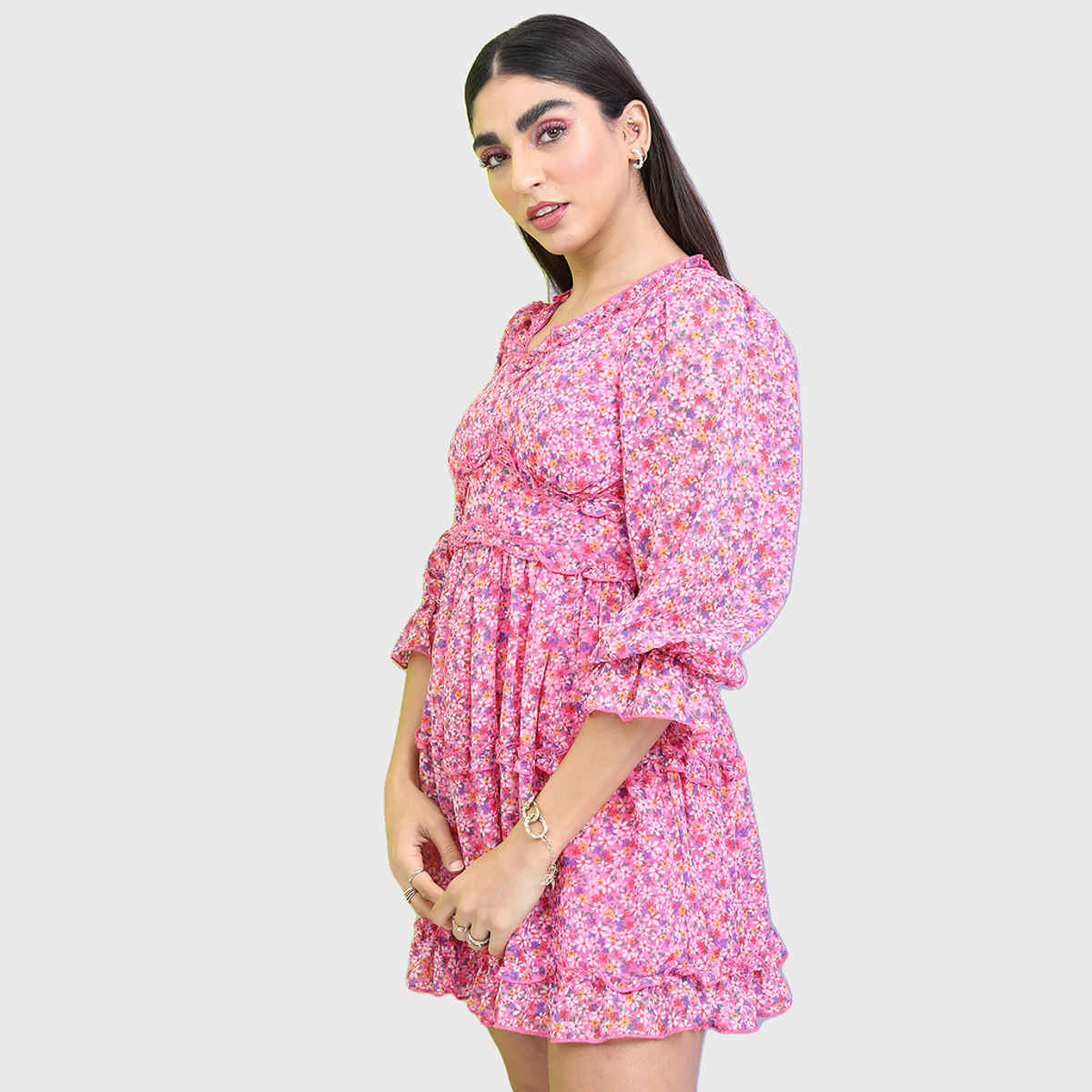 Tokyo Talkies Women's Floral Printed Bell Sleeve A-Line Dress | Pink - XL
