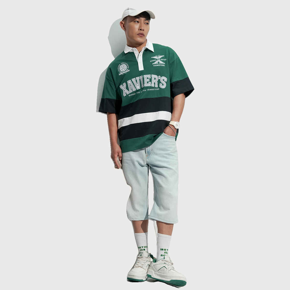HIGHLANDER Men's X-Men Printed Polo Collar Oversized Fit T-Shirt | Green - L