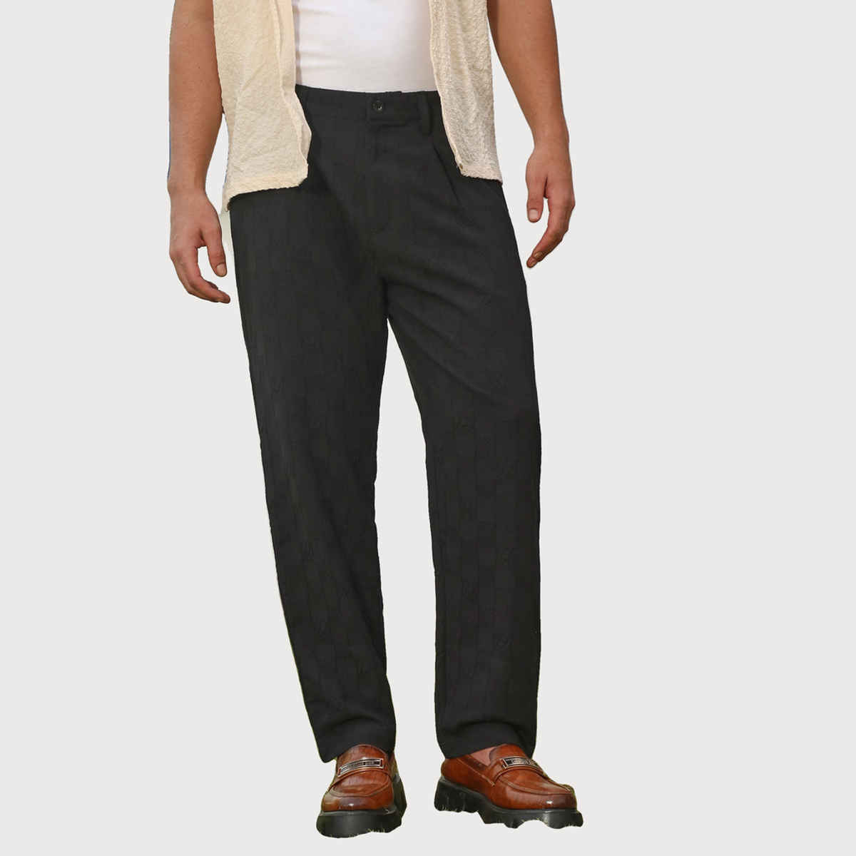 Campus Sutra Men's Creased-Check Trousers | Black - 30