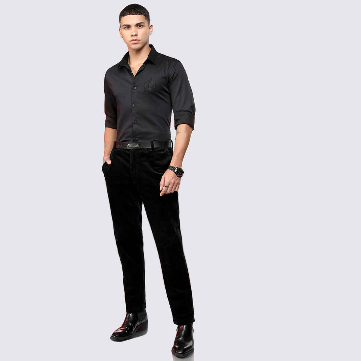 Highlander Men's Marvel Avengers Satin Embellished Slim Fit Party Shirt | Black - M
