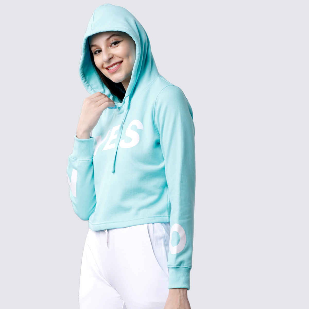 Tokyo Talkies Women's Printed Hooded Sweatshirt | Angel Blue - M