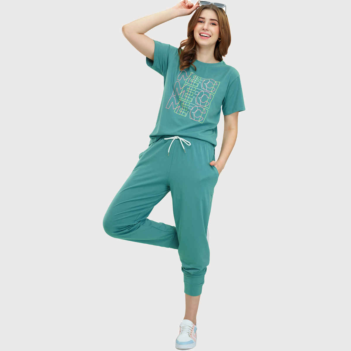 Zeyo Women's Cotton Green Typography Printed Night Suit Set of Top & Joggers | 5713-XL